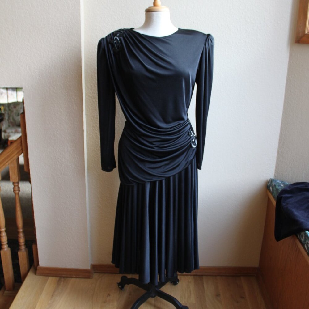 Vintage 80's Filigree Sz 14 Black Gathered Fit Flare Sequined Evening Dress